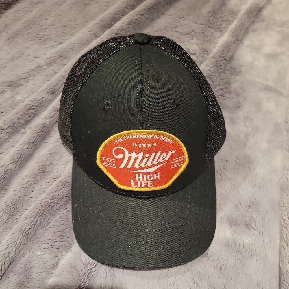MILLER HIGH LIFE BEER Black Mesh Cap Hat Trucker Dad Snapback Patch